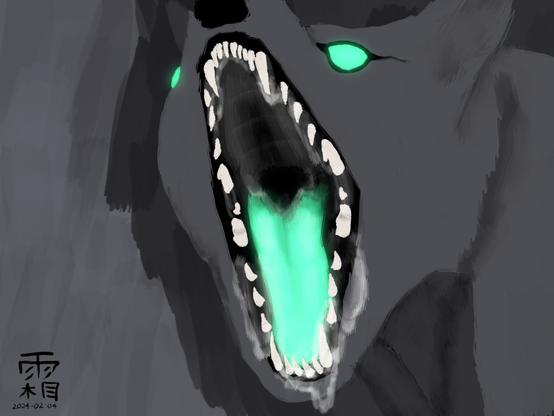 Same but now their fur is darker, and their eyes and tongue glow green.