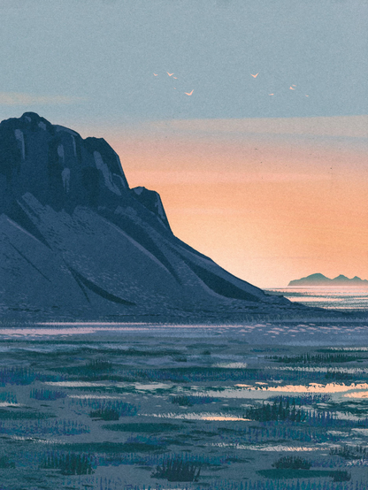 Illustration of a volcanic rock hill formation in Iceland. The light is low on the horizon and there are more hills in the distance. The shadowy areas are cast in purple with bits of ice on the ground reflecting colored light from the sky.