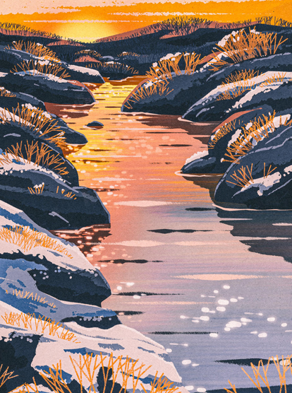 Illustration of a rocky stream. The rocks are covered in warm colored shrubby brush and snow and ice. The Light is low on the horizon and reflecting very pleasant warm tones in the gently streaming water.