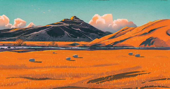Illustration of a bright orangey yellow field with sheep grazing. There's a stream cutting left to right through the middle with some leafless trees and stones in or nearby the stream. In the background is a golden colored hill on the right and a dark, cool toned volcanic rock formation behind it to the left. Some colorful clouds are peeking just above the horizon.