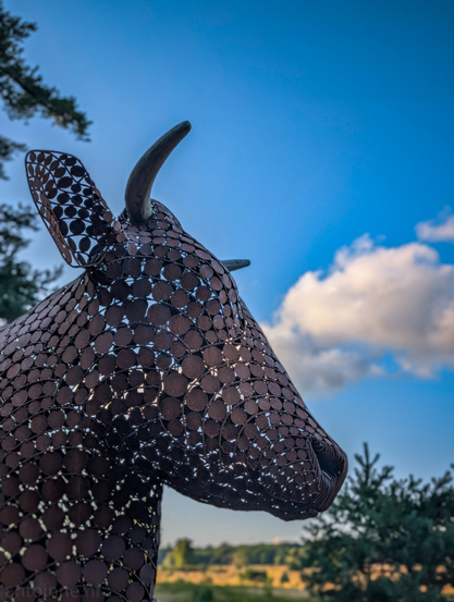The head and upper body of a distinctive cow sculpture, crafted from numerous interconnected metal discs that give it a textured, mosaic-like appearance. The sculpture, rendered in a warm, rusty brown tone, is positioned with its head turned to the right, hinting at the rest of its body extending out of the frame on the left. Two horns are visible on its head, with the right horn more prominently featured. The background offers a clear blue sky, interspersed with fluffy white clouds. A few dark green tree branches are visible in the upper left corner and the lower right corner, providing a natural frame for the artwork. 

“Ahimsa, the resting cow” is an artwork made by Jantien Mook.