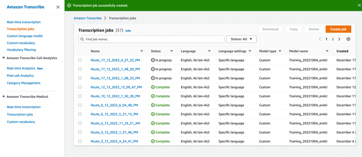 A screenshot from AWS Transcribe showing the transcription of my audio notes in progress.