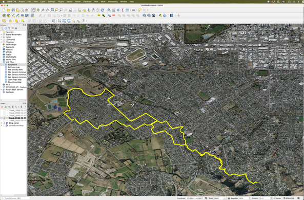 The GPX file from my GPS from my afternoon run today, overlayed on a satellite map of Ōtautahi-Christchurch, New Zealand. This route, which I do every fortnight, is from the Cashmere Hills out to the Wigram Retention Basin and back. The centre of the city is top right.
