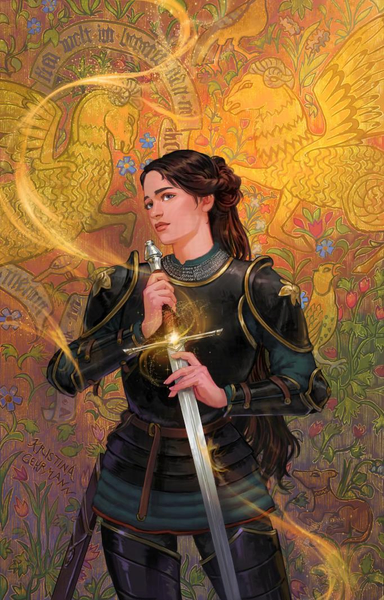 A young woman in 15th century inspired black plate armor, looking wistfully and holding a longsword that has a magical golden light emanating from it. Behind her is a rich colorful tapestry with late Medieval motifs that's interwoven with gold thread.