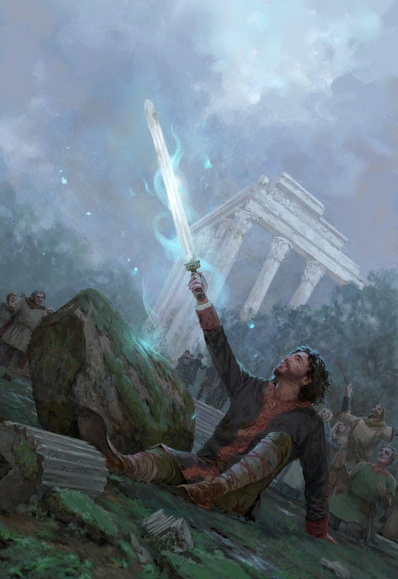 King Arthur sits on the ground next to a mossy rock, proudly thrusting the sword Excalibur up into the air, suggesting that he's just drawn it out from the stone. It has a magical blue glow. In the background, some people cheer his success, while a few others seem miffed about it.