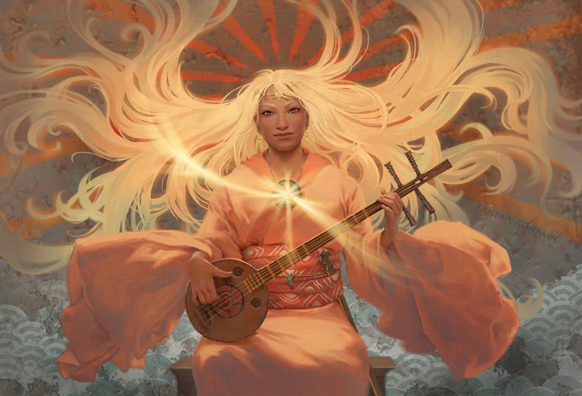 An interpretation of the Japanese sun goddess Amaterasu, sitting and playing an ancient lute. She has long bright yellow hair that radiates out from her like sun rays. An amulet or mirror around her neck radiates even more rays. 