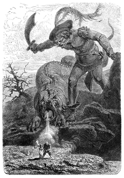 A giant leaning on a rock, accompanied by a threatening dragon that blows smoke, waves a scimitar at a tiny boy and girl.