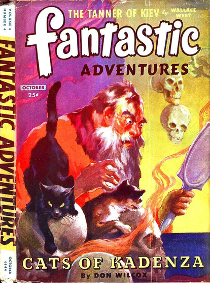 A man with a long beard is looking into a hand mirror. Two cats in the foreground are on top of human skulls and more human skulls are on a wall in the background.
Fantastic Adventures magazine cover from 1944.
