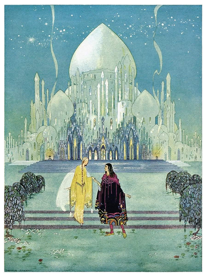 A man and a woman are taking a walk together in a plaza, the young man offering his hand to the woman as she climbs down a few steps, while the skyline of an Oriental city with pointy domes and minarets can be seen in the background.