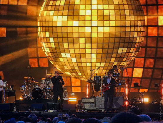 A live concert scene at night featuring the band Madness performing on stage in Cork. The stage is dominated by a massive, illuminated disco ball backdrop, casting a golden glow over the musicians and instruments, with a lively crowd visible in the foreground.