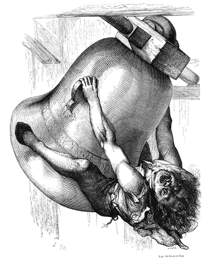 Quasimodo has climbed onto the great bell of Notre-Dame and is swinging to and fro, tilting his head back to look in the viewer’s direction.