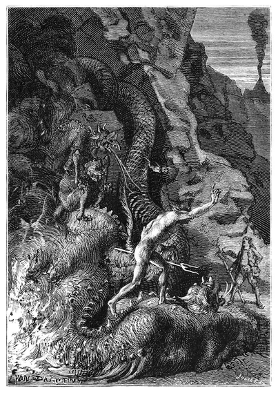 Monsters of various shapes and sizes are gathered at the foot of a cliff, facing a boy with a stick. A human-shaped figure armed with a trident, standing on the back of one of the monsters, gestures toward him.