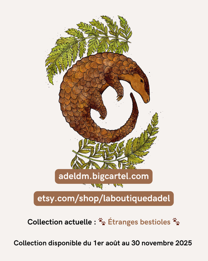 Image de pub pour la future collection de ma boutique. Il y a une illustration d'un pangolin réalisée à l'encre noire et à l'aquarelle. Le pangolin est vu de profil et entouré de feuilles de fougères. Il est inscrit en dessous l'adresse des boutiques (adeldm.bigcartel.com et etsy.com/shop/laboutiquedadel) ainsi que le texte suivant : "Collection actuelle : Étranges bestioles ; Collection disponible du 1er août au 30 novembre 2025".