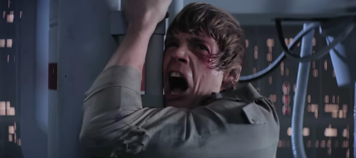 Photo of Luke Skywalker, hanging atop the abyss, screaming "Nooooooooooo!" as Darth Vader tries to plead with him.
