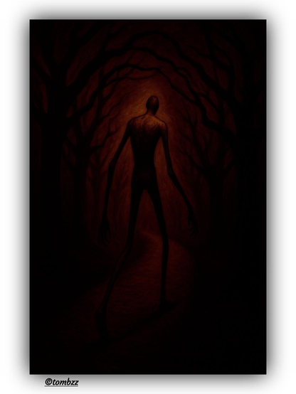 The illustration portrays a dark, surreal forest scene shrouded in shadow, with a twisted canopy formed by leafless trees. Their branches interlock above a central path, creating a claustrophobic, almost suffocating corridor of gloom. The color palette features deep blacks, muted browns, and an intense red glow emerging from a distant light source — it spills across the forest floor like mist, heightening the sense of drama.
Upon this path walks a tall, slender figure, shown from behind. Its unnaturally elongated limbs, narrow neck, and claw-like hands give the silhouette a haunting, otherworldly feel. The figure’s face is obscured, adding to its mysterious nature — we can't tell whether it's human, spectral, or a creature from another realm. Backlit by the eerie red glow, it casts long, menacing shadows as it moves slowly forward.
 The overall atmosphere is tense and eerie, resembling a scene pulled from a nightmare or a dark fantasy tale. The digital painting style leans into elements of horror and gothic surrealism, favoring emotional weight and compositional drama over realistic representation. The image evokes a creeping sense of unease and invites the viewer into a world where familiar rules no longer apply.