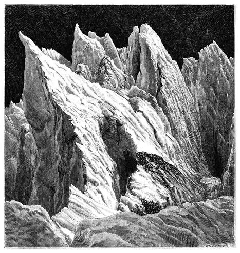 View of the Mer de Glace glacier, featuring rough, textured ice with sharp ridges and crevices in the foreground, while the background shows jagged icy peaks that contrast sharply with the dark sky. 