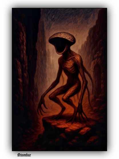 Digital painting depicting a humanoid creature standing on a rocky surface amid ruins. The background features muted, post-apocalyptic shades of brown and orange that enhance the unsettling atmosphere. The figure has elongated, emaciated limbs and fingers, a mushroom-like textured head, and a face devoid of distinct features. The entire scene evokes a sense of abandonment and enigmatic observation.