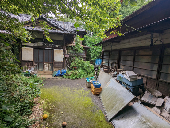 Zwei vermutlich verwaiste japanische Holzhäuser in traditioneller Bauweise die von wilden Pflanzenwuchs und allerlei Müll umgeben sind. 