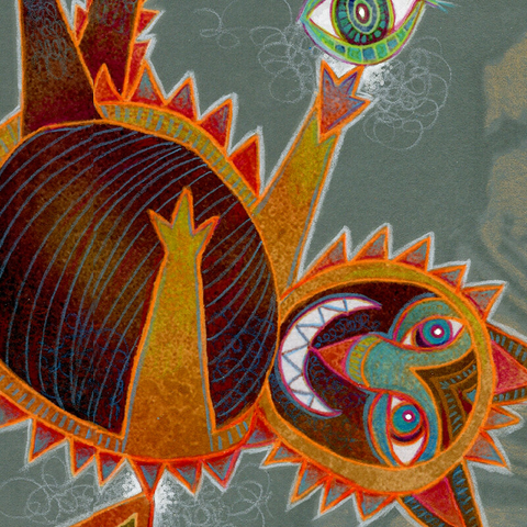Graphite and colored pencil drawing in oranges, blues and greens. Abstracted fish, cats and other creatures dance and play together.