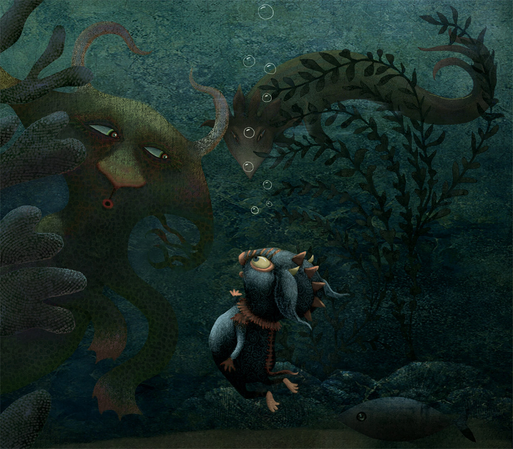 Deep under the lake, a little blue monster tries to carry on a conversation with another creature. Surrounded by
under water plants and fish and another watching swimmer in the distance.