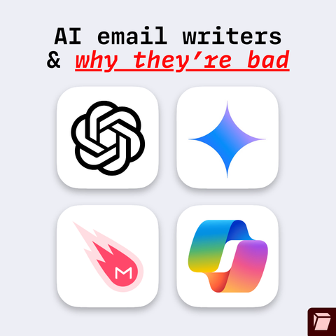 Logos of four AI email writers with the title: AI email writers
& why they’re bad

