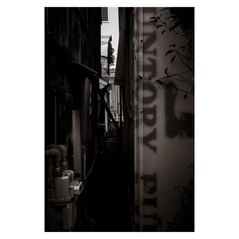 This is a high-contrast black and white photo of a narrow alleyway in Nagoya, likely no more than a meter wide. On the right side of the image, a translucent acrylic panel—once part of a “Suntory Pub” sign—has been repurposed as siding. The ghostly text of the old advertisement is still visible in shadow. On the left side, gas meters and pipes cling to a corrugated exterior wall. Stray branches creep in from the edges, adding an organic interruption to an otherwise claustrophobic, utilitarian space.