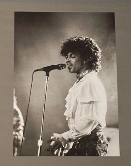 Museum placard displaying a monochrome concert photo of Prince wearing the polyester shirt and singing into a microphone. Photo credit: Phil Sandlin for AP Photos.