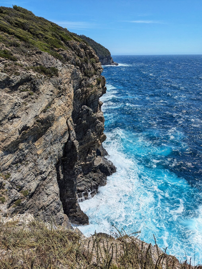 A stunning vertical landscape photo captures a dramatic view of a rocky cliff face overlooking the sea. The large, grey-brown cliff dominates the left side of the frame, with visible layers and a deep fissure running down its centre. Lush green and brown vegetation grows on the top of the cliff and along the top edge, suggesting a coastal hill. To the right, the deep blue sea stretches out to the horizon under a clear sky. Waves crash against the base of the cliff, creating a frothy white and bright turquoise sea spray. The foreground features some dry, sun-bleached grasses, adding a natural frame to the bottom of the image. The sunlight illuminates the scene, highlighting the textures of the rock and the vibrant colours of the sea.