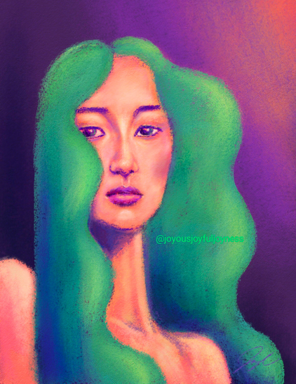 Painting of an Asian woman staring at the viewer in front of a purple background with a gradient of coral and navy. The woman has abstract teal and blue hair, and her skin is a neon coral. The artist's signature is on the bottom right and the watermark @joyousjoyfuljoyness is in the hair.