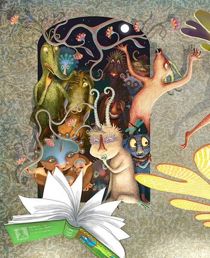 Highly textured, colorful painting of a night doorway. Crammed into the opening, multiple monsters stare into a bright space with expressions of curiosity and wonder. Books and mysterious shapes fly by, as one brave monster leaps into the void!