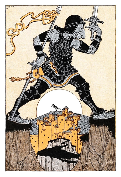 A sullen giant, armed with a spear and sword, strides over a gully in pursuit of a tiny figure seen running away in the distance, on the other side of a castle, outlined against the rising sun.