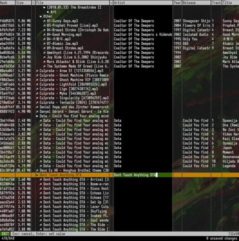 screenshot of text mode table representing a directory tree containing music files and their metadata. the "artist" column for a whole directory is being edited.