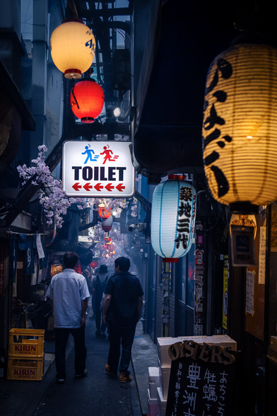 Silhouettes of people going down a smokey alley among colourful lit paper lanterns and Sakura branches decorations in Omoide Yokocho in Tokyo, at blue hour.