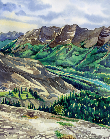 A watercolour painting of mountains from the top of Ha Ling Peak. The sun is illuminating a small grove of trees and a river snakes through the forest far below.