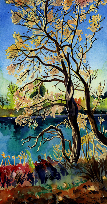A twisted tree with some yellowing leaves on it against a backdrop of river depicted in vibrant blues.