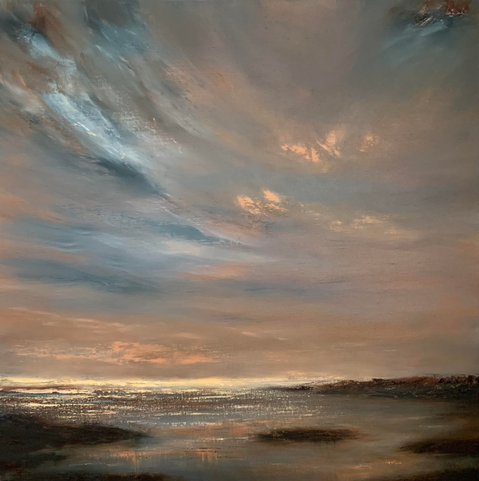Original seascape oil painting by Tisha Mark, "Sunset on Opening Day" 20"x20" oil on linen (2024). A seascape painting with dramatic blue clouds in orange-toned sunset sky over a rocky seashore. Flecks of orange light appear in the sky, and colors from the sky are reflecting in water below.