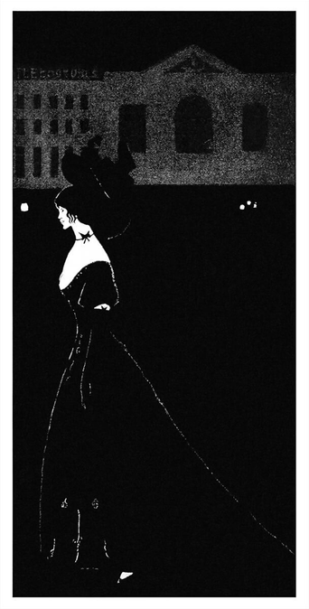 At night, a woman wearing a hat and an evening dress walks through an empty square, past a neoclassical building.
