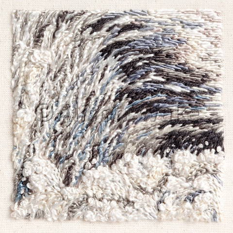 Stitched artwork depicting the top of a waterfall. Shiny smooth water and bubbles