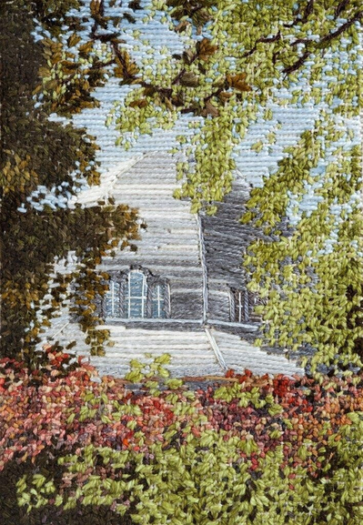 Stitched artwork depicting the cupola of a hexagonal buidling viewed through trees