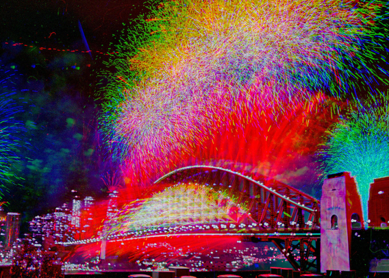 Stacked trichrome single image from three rolls of Agent Shadow 35mm film from the 2023-2024 Sydney New Years fireworks. Minolta Maxxum 7 Camera + Sigma Art 35/1.4 lens. 