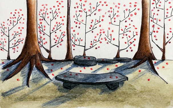 Watercolour pencil image of a bench and trees with autumn leaves. A scene from Korankei, Japan. 