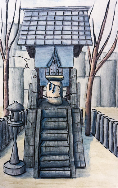 Watercolour pencil image of a shrine. Scene from Hida Takayama, Japan. 