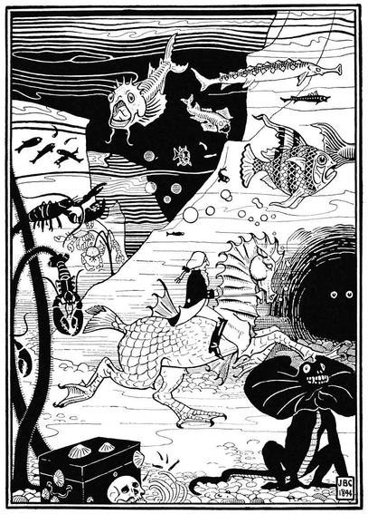 A man rides a fantastical horse-like creature at the bottom of the sea, surrounded by a rocky landscape populated with sea animals and imaginary monsters.
