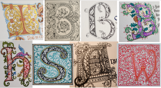 A collage of hand-drawn ornamental majuscule letters; an I with swirling embellishments in copper and gold, a black line art B with loads of swirling vines and leaves, a black line art B with leafy frills and the letter shape filled with leaves, a colouful leafy flowery B in purple, green, red and gold, a red H with leaves insite and wrapped in vines with a small dragon, a black S filled with leaves, outlined in gold on a light blue box with white swirls, a very intricate black ink A with loads of patterns around it, and a W with the ends shaped like balls and penises in red on a red box filled with white swirls.