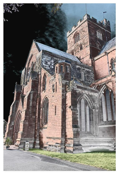 Colour adjusted portrait photograph showing the front of Carlisle Cathedral in Cumbria, England.  The image has more of 'Ladybird book illustration' look to it than the modern digital photograph it is.