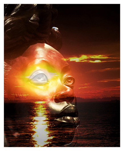 A double exposure of a sunset over a river and the sculpted head of a Black woman with elaborately coiffed hair in three-quarter profile, looking up and to the right. The sun is centered on her right eye (viewer’s left) and the column of glittering sunlight on the water appears to stream down her cheek like a glowing tear. Illuminated streaks of clouds appear to emanate from her forehead. Her gaze conveys a mix of melancholy and determination. The image is dominated by warm tones of brown, gold, and red.