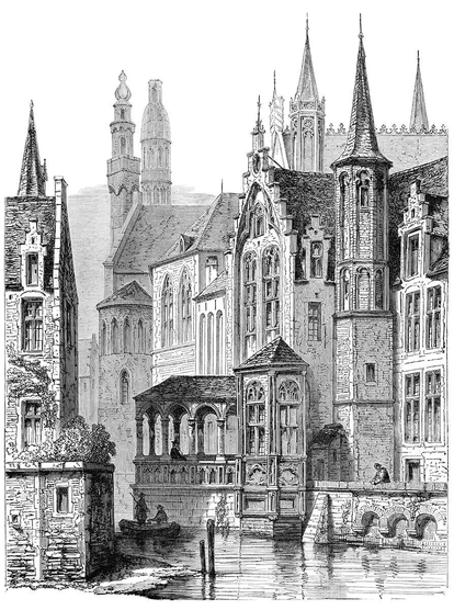 View of a narrow canal overlooked by tall medieval buildings with arched windows, turrets, and spires.