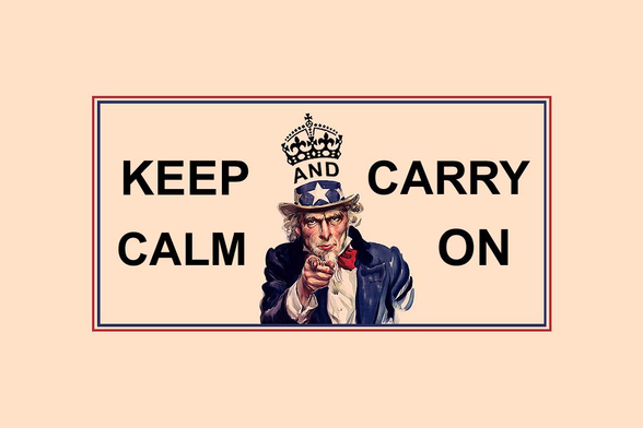 Uncle Sam, wearing a crown, with the word AND (written in all caps) across its band. The words, KEEP CALM, CARRY ON, appear on either side in very large font. Again, in all caps.