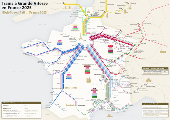 Diagram of the high-speed trains in France, customised structure with five rays that originate in Paris and distort the ocotlinear structure in their sectors, blue, dark red, pink are the dominating line colours, the main attractions of the big cities appear on the diagram
