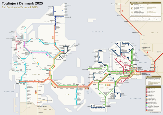 Diagram of Denmark, octolinear structure, different line colours, square symbols containing one or two letters representing the train category